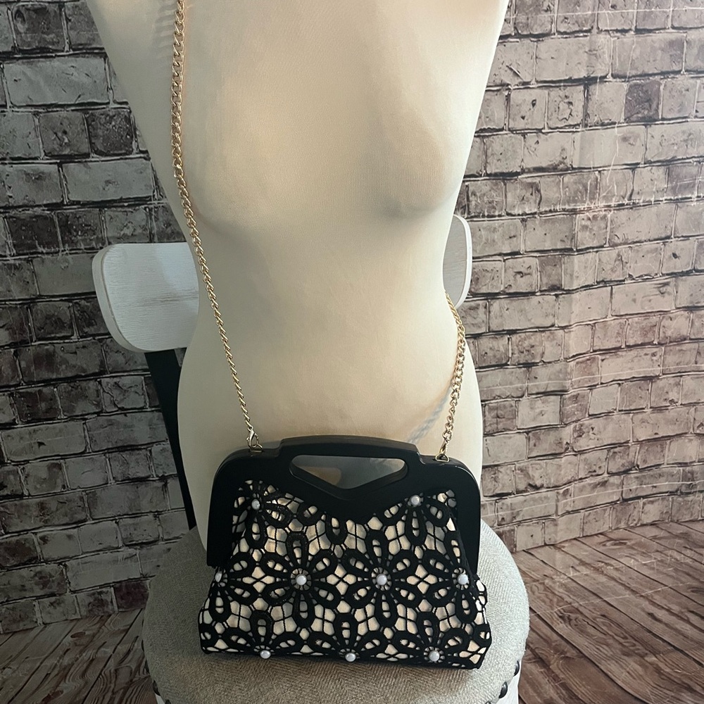 Black Lace Overlay Crossbody Bag with Gold Chain